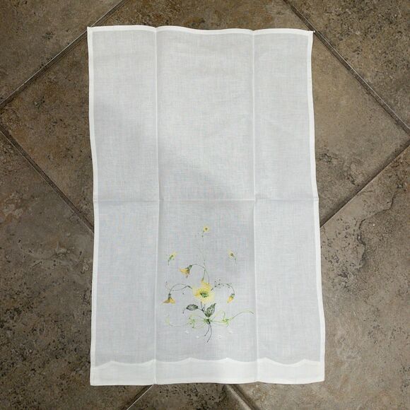 Vintage White Linen Hand Towel Yello Flower Embroidered Guest Towel - Picture 6 of 8